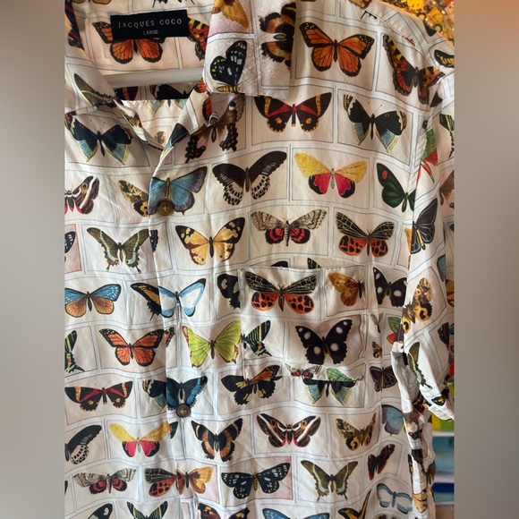 JACQUES COCO Cream Multicolour Butterfly One pocket Short Sleeve Shirt Large - Picture 2 of 4